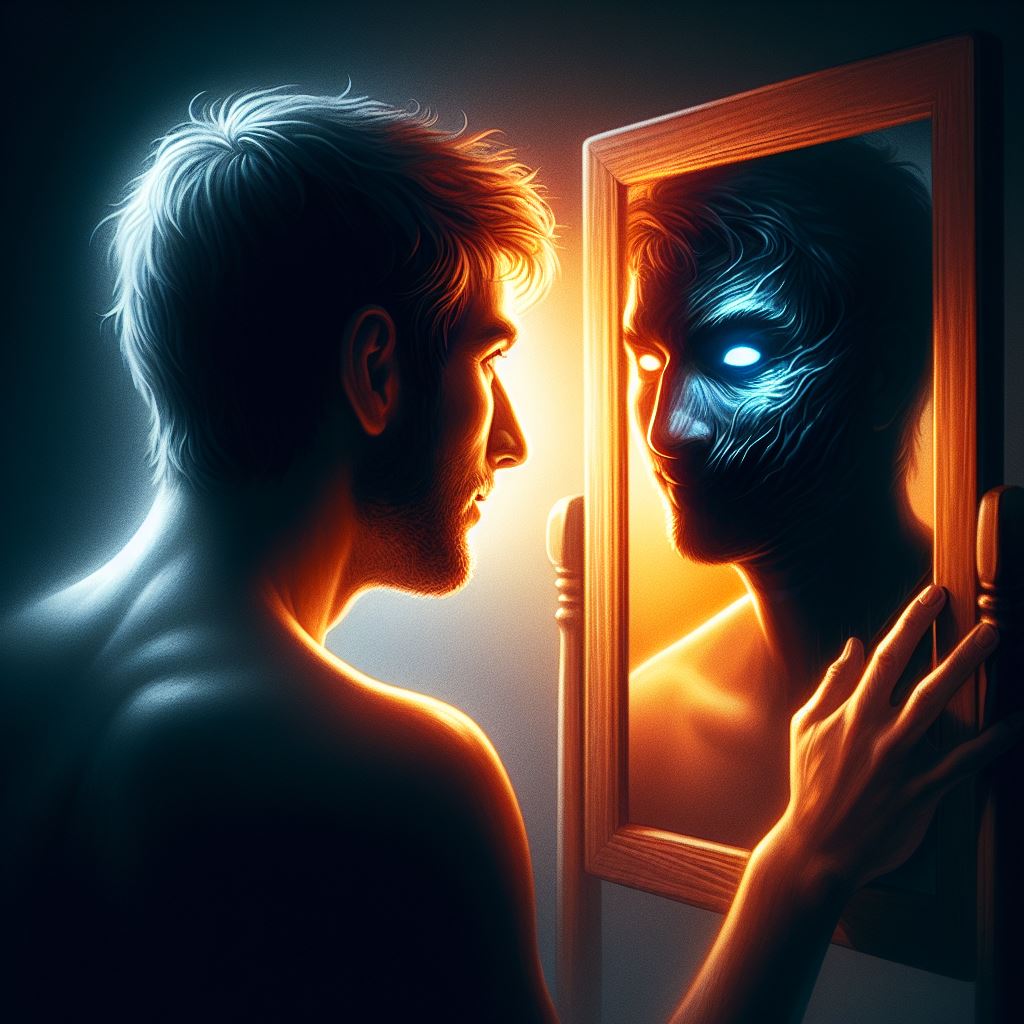 Зеркало, раскрывающее два разных отражения одного человека – одно яркое и уверенное, второе тёмное и неуверенное.