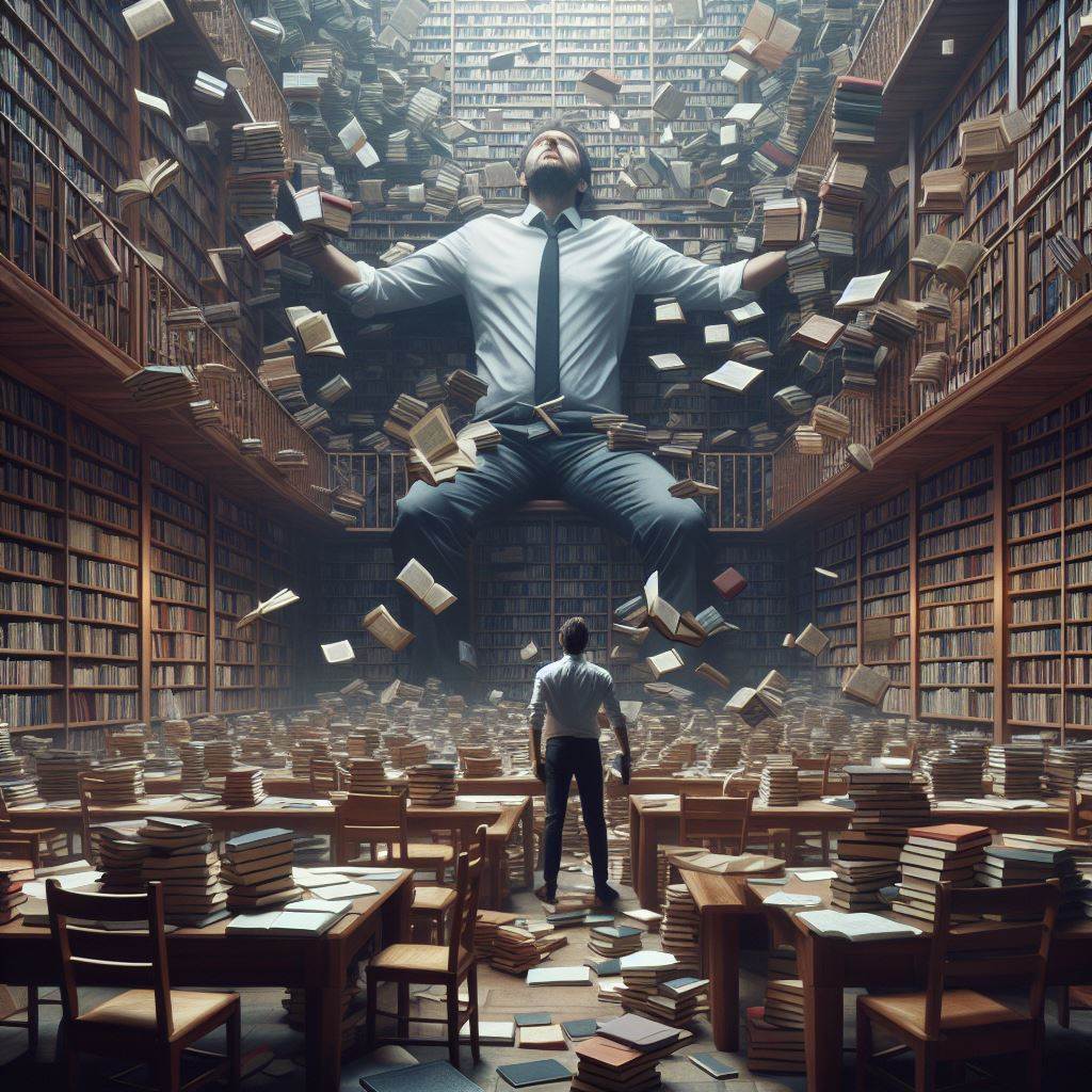Человек в гигантской библиотеке, утопающий в книгах, но изолированный от окружающих его пустых стульев.