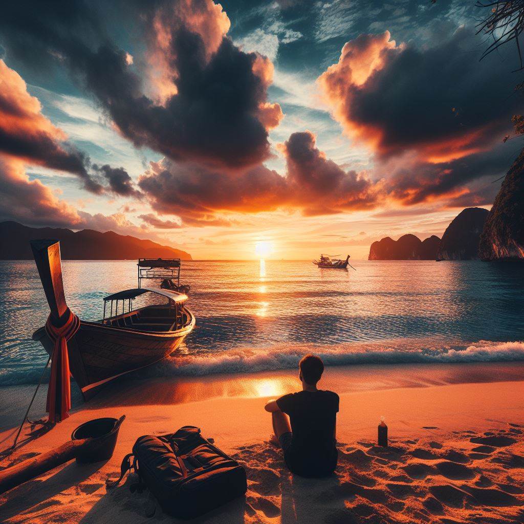 Лодка на берегу моря, ожидающая путешественника, в то время как человек смотрит на закат, сидя на песке