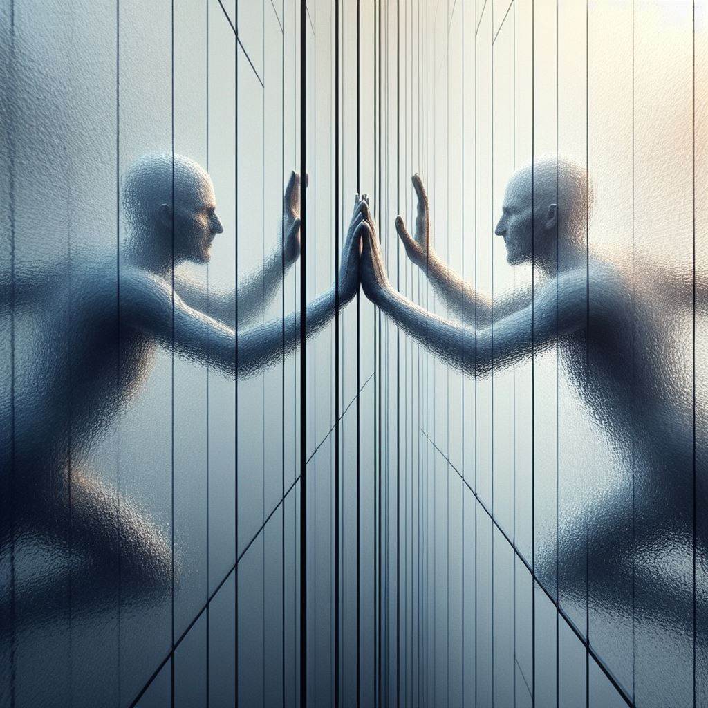 Две фигуры, разделённые стеной из стекла, пытаются достичь друг друга, но их руки не касаются из-за барьера. 