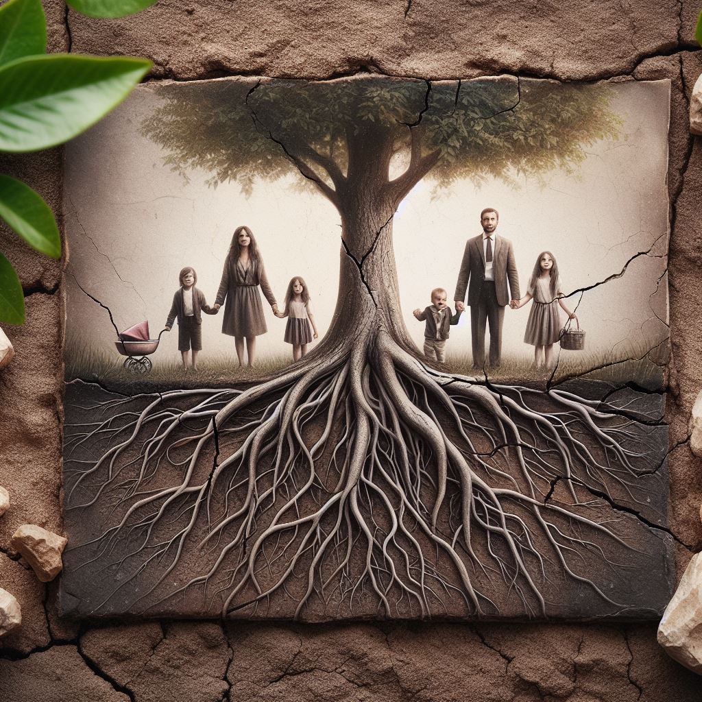 Разбитое семейное фото, где трещины переходят в тёмные корни, опутывающие молодое деревце.