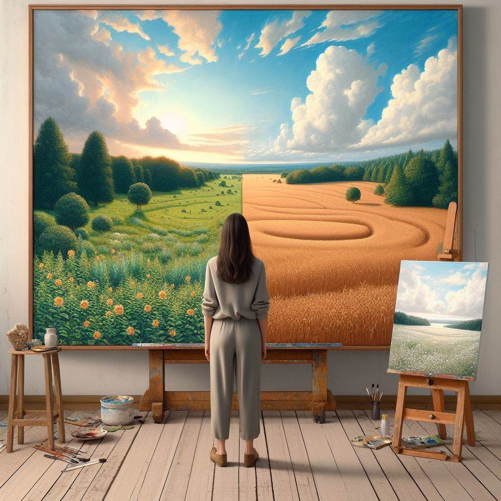 Художник стоит перед большим канвасом с изображением идеального пейзажа, а рядом реальное непримечательное поле.